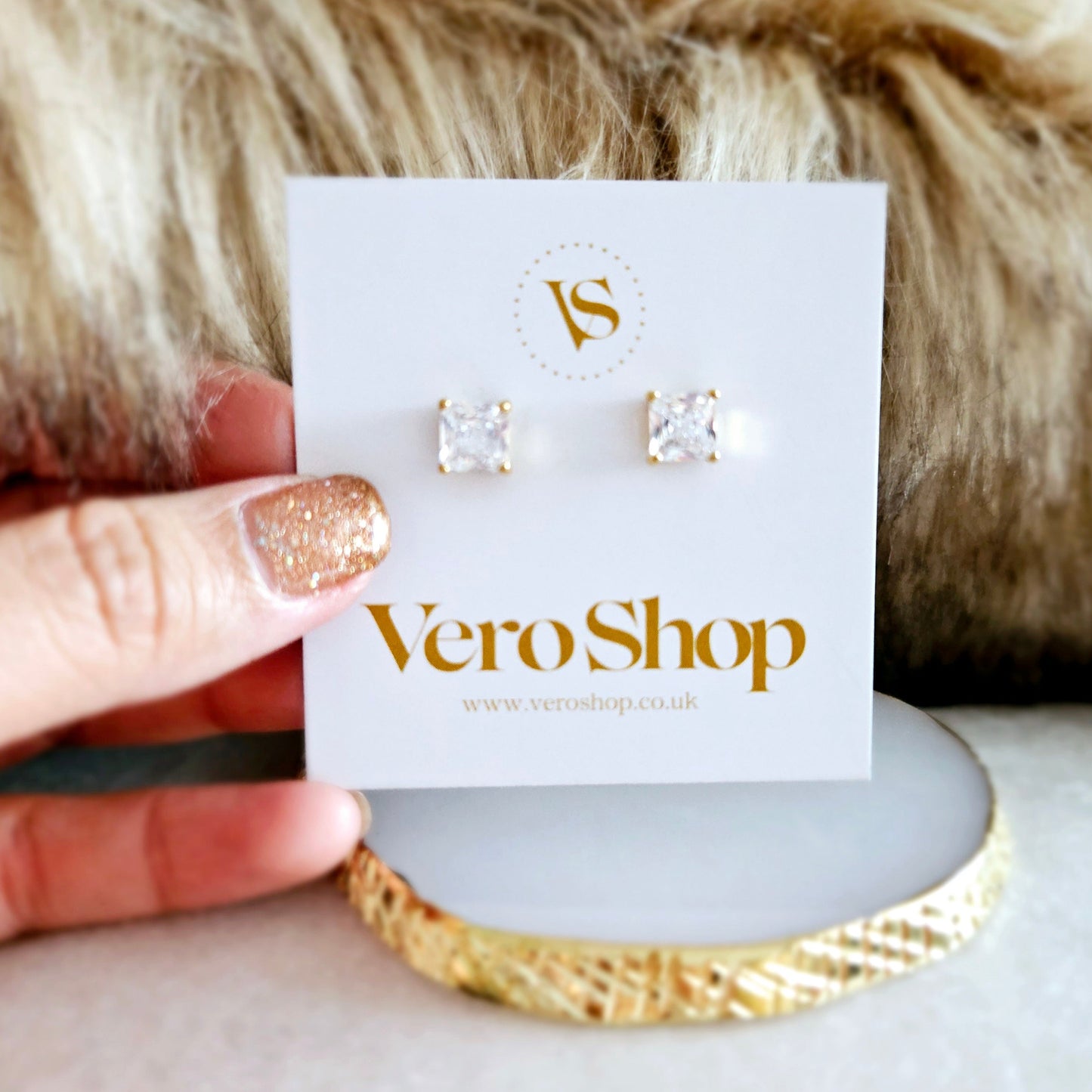 Square White diamond - 18k Gold Plated, Stud earrings.