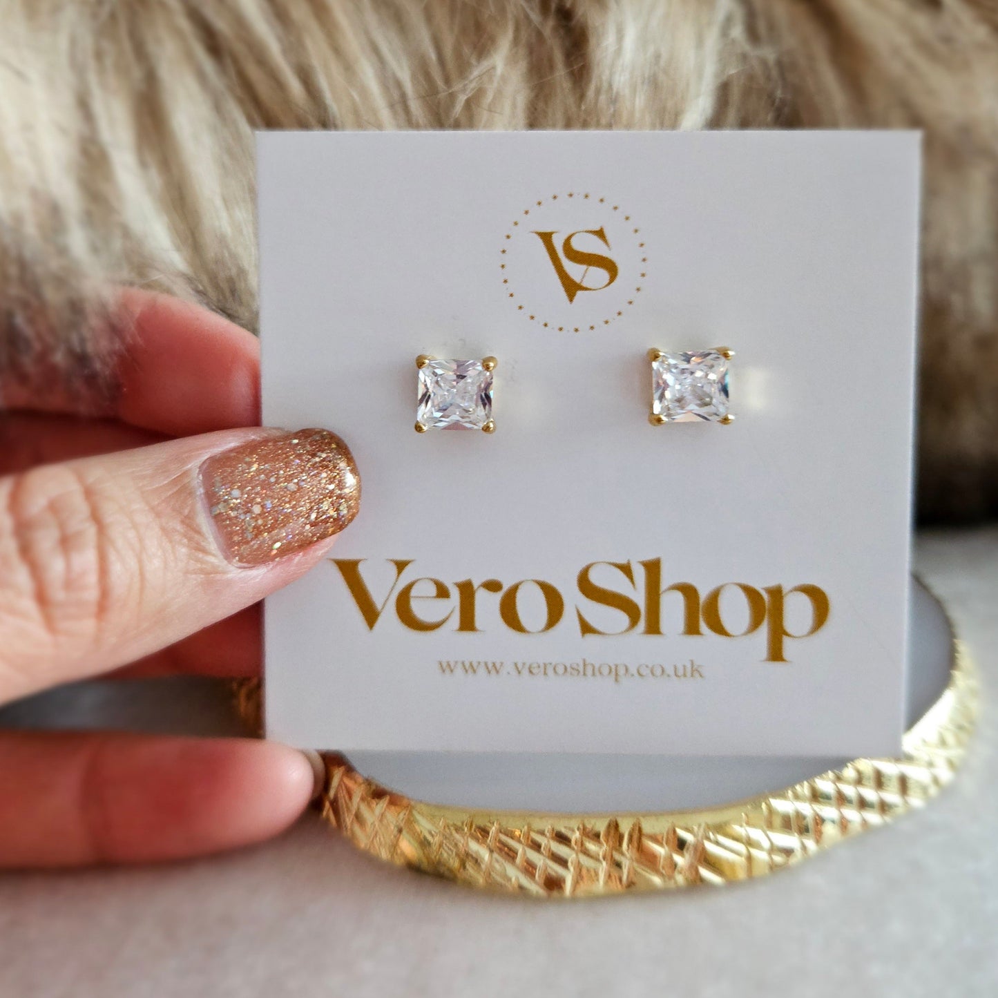Square White diamond - 18k Gold Plated, Stud earrings.