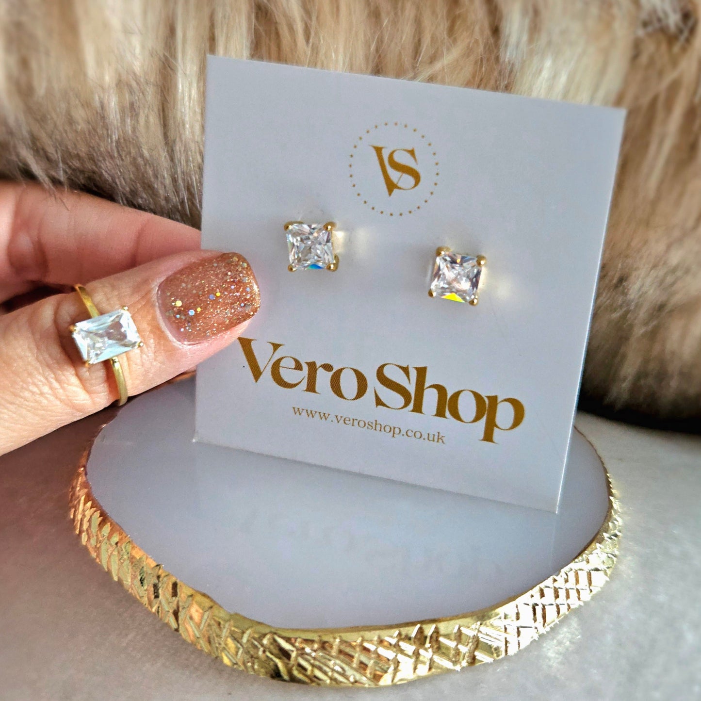 Square White diamond - 18k Gold Plated, Stud earrings.